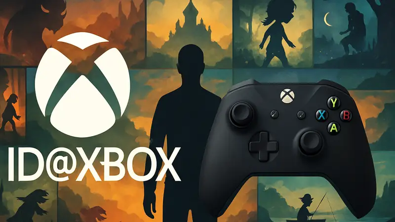 Логотип ID@Xbox и контроллер Xbox на фоне разнообразных инди-игр, символизирующих успех программы.