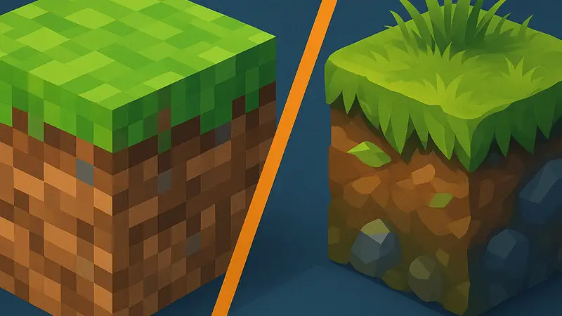 Схематичное изображение блоков из игр Minecraft и Hytale, символизирующее сравнение
