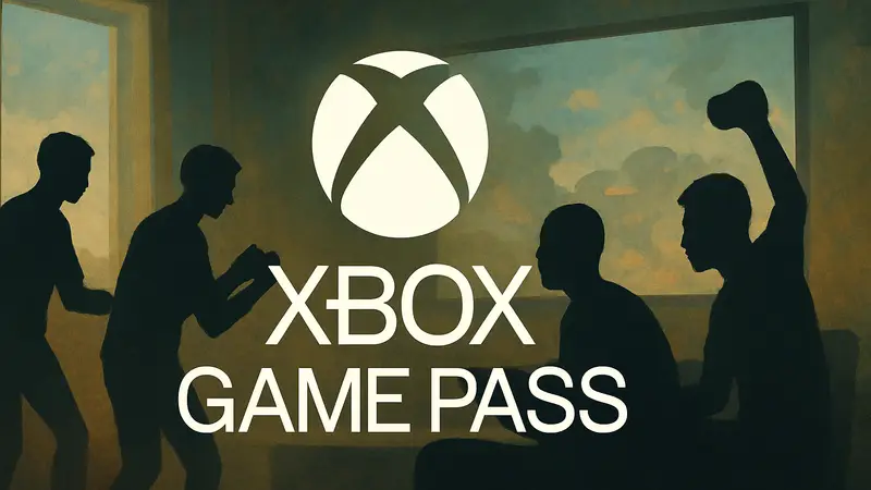 Логотип Xbox Game Pass на фоне силуэтов играющих людей, символизирующий новые игры.