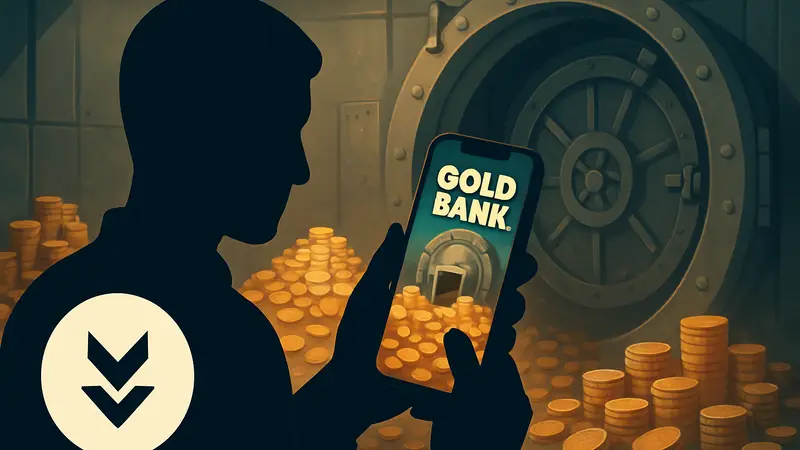 Изображение мобильной игры Gold Bank с монетами и банковским хранилищем, на фоне которого виден логотип «Off The AppStore».
