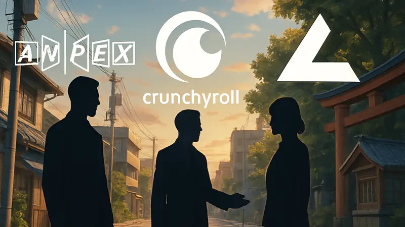 Логотипы Aniplex, Crunchyroll и Lay-duce на фоне аниме-сцены, символизирующие сделку.