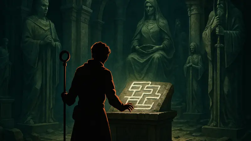 Игрок в Baldur's Gate 3 решает головоломку в Испытании Прозрения, окруженный статуями.