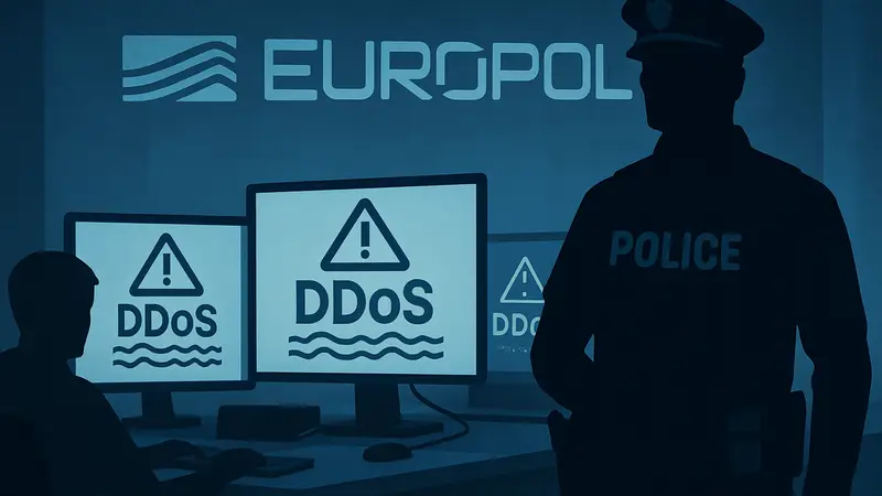 Полицейский и компьютерные экраны на фоне логотипа Европола, символизирующие борьбу с DDoS-атаками.