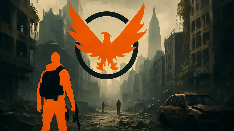 Логотип The Division Resurgence на фоне разрушенного Нью-Йорка, доступного на мобильных платформах.