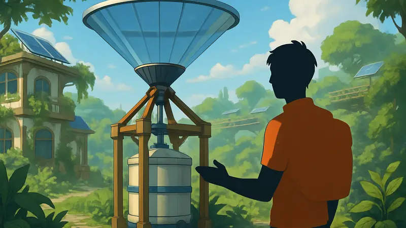 Сборщик дождевой воды в игре Solarpunk, обеспечивающий выживание персонажа.