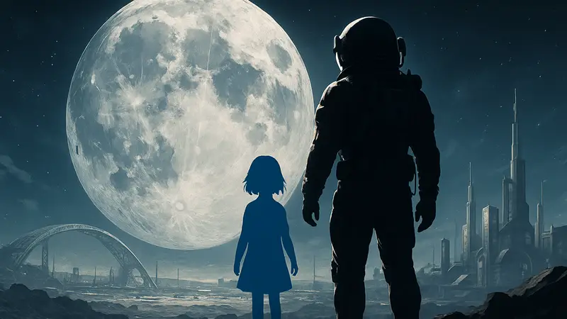 Кадр из игры Pragmata: космонавт и девочка Дайана на фоне футуристической Луны.