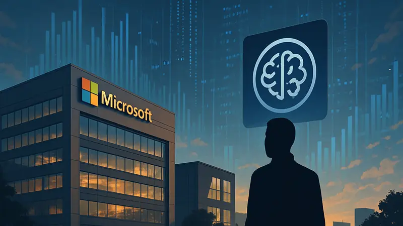 Здание Microsoft и логотип ИИ-компании на фоне данных, символизирующие инвестиции в искусственный интеллект.