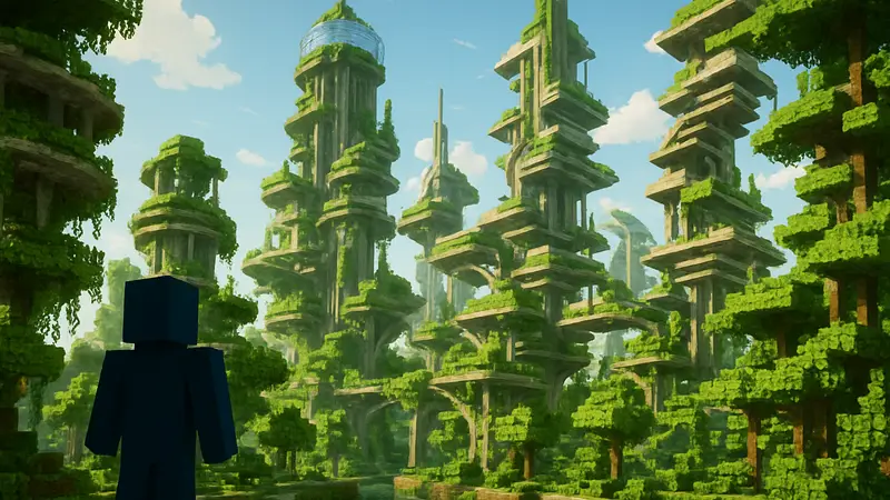 Скриншот или концепт арт Solarpunk города в Minecraft, сочетающего зелень и футуристические здания