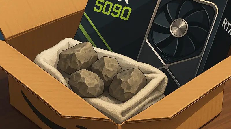 Коробка видеокарты GeForce RTX 5090 с камнями и полотенцем внутри, демонстрирующая мошенничество на Amazon.
