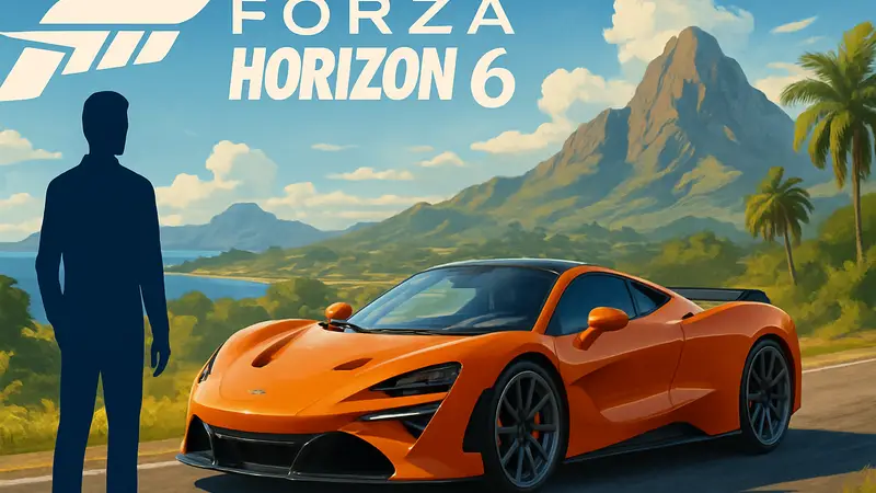 Логотип Forza Horizon 6 и гоночный автомобиль на фоне пейзажей, демонстрирующих игровую графику.