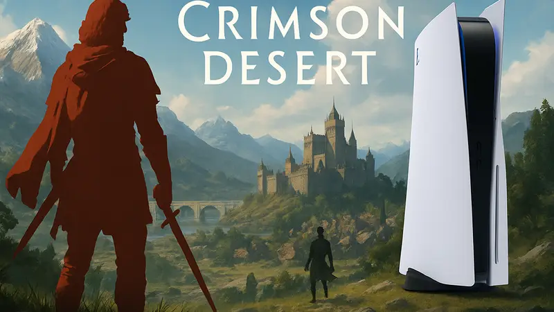 Логотип Crimson Desert на фоне игрового мира и консоли PlayStation 5