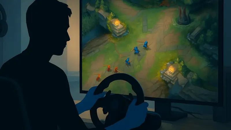 Игрок использует гоночный руль для игры в League of Legends и управления чемпионом