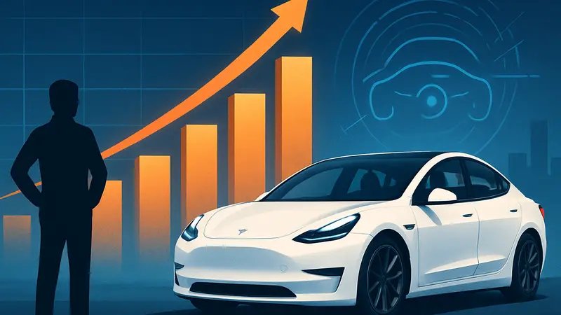 Фотография электромобиля Tesla на фоне растущих графиков прибыли и инновационных технологий.