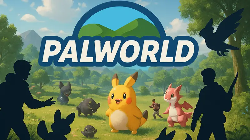 Логотип Palworld на фоне скриншота игры с Палами и игроками