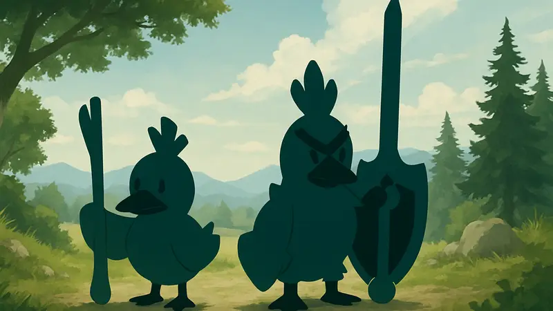 Изображение покемона Farfetch'd с луком-пореем и его Галарской формы с щитом и мечом.