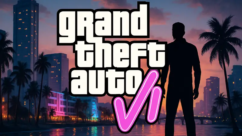 Логотип Grand Theft Auto 6 на фоне города Вайс-Сити.