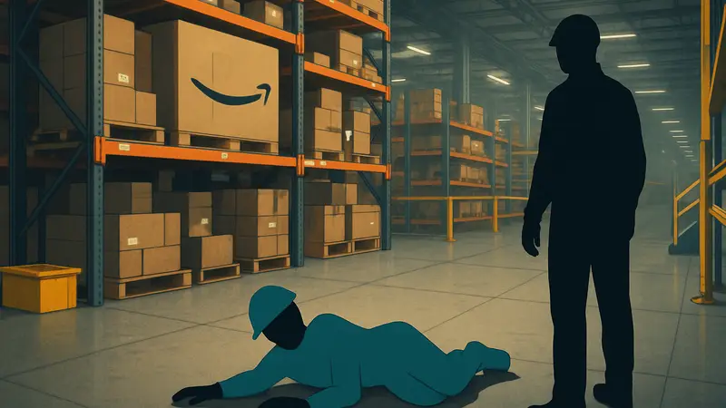 Рабочий на складе Amazon в Орегоне, несчастный случай на производстве или инцидент с безопасностью.