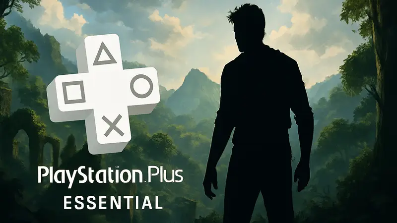 Логотип PlayStation Plus Essential на фоне силуэта игры, которая, возможно, станет главной в апреле.