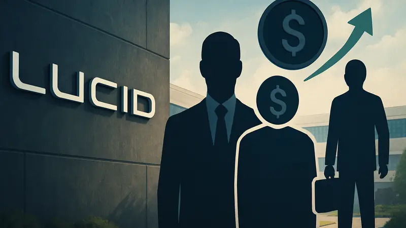 Логотип Lucid Motors рядом с символами инвестиций, представляющими нового CEO и финансовую поддержку