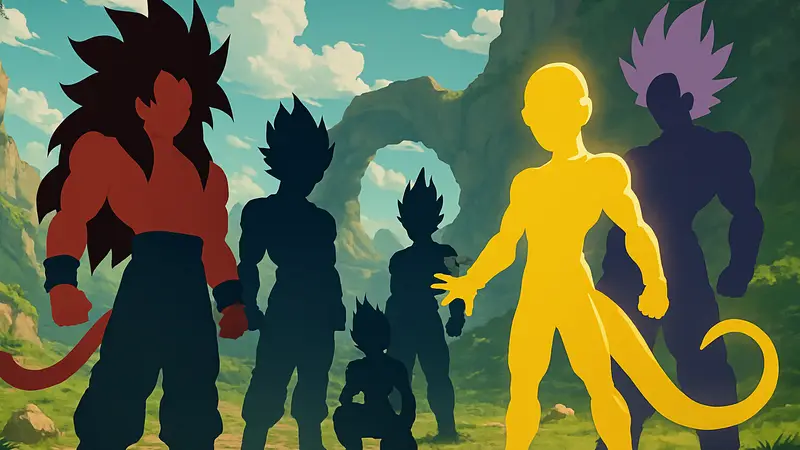 Изображение различных игровых трансформаций персонажей Dragon Ball, включая Супер Саяна 4 Гогету и Золотого Фризу.