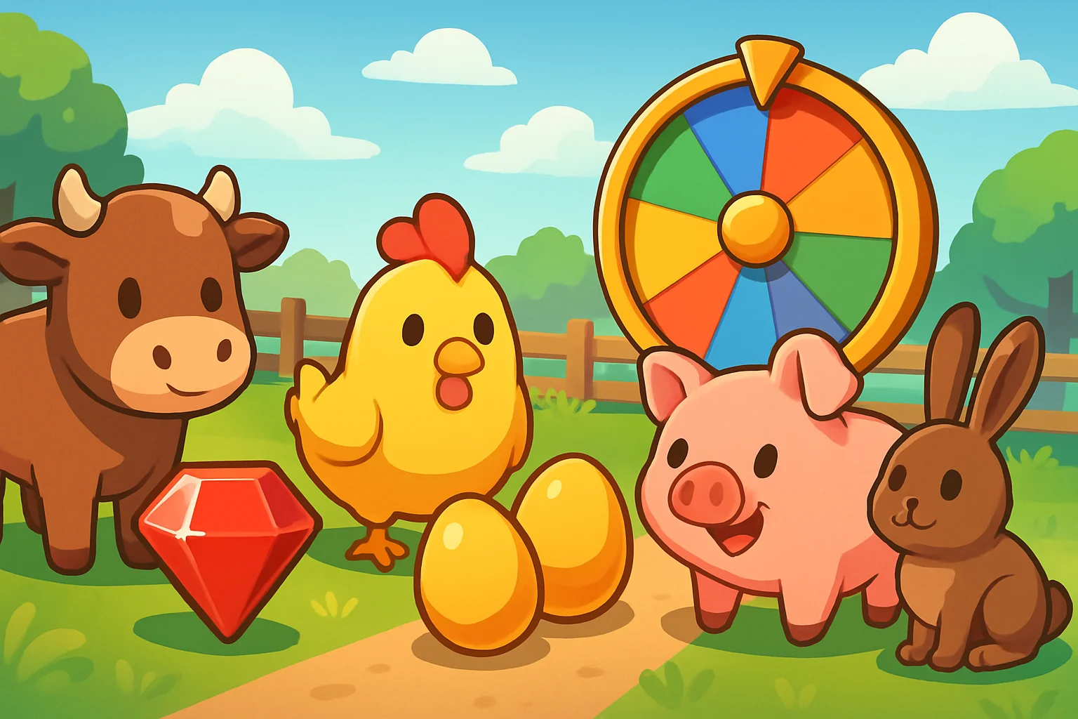 Изображение милых животных или элементов фермы из игры Raise Animals, демонстрирующее игровой процесс и награды.