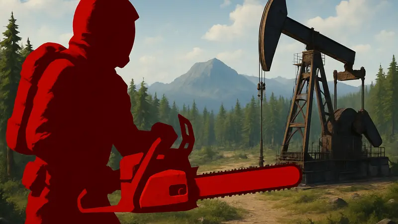 Игрок в Icarus с бензопилой на фоне нефтяной вышки в новом DLC Dangerous Horizons