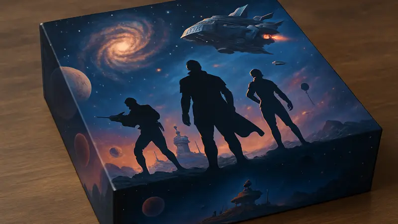 Коробка настольной игры «Рубеж Андромеды» с космической тематикой.