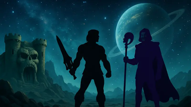 Персонажи Masters of the Universe, Хи-Мэн и Скелетор, на фоне космического пейзажа.