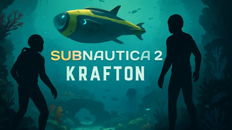 Логотип Subnautica 2 и Krafton на фоне подводного мира, скриншот игры.