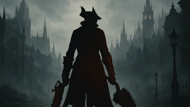 Эпичная обложка Bloodborne с охотником на фоне готического города Ярнам в тумане