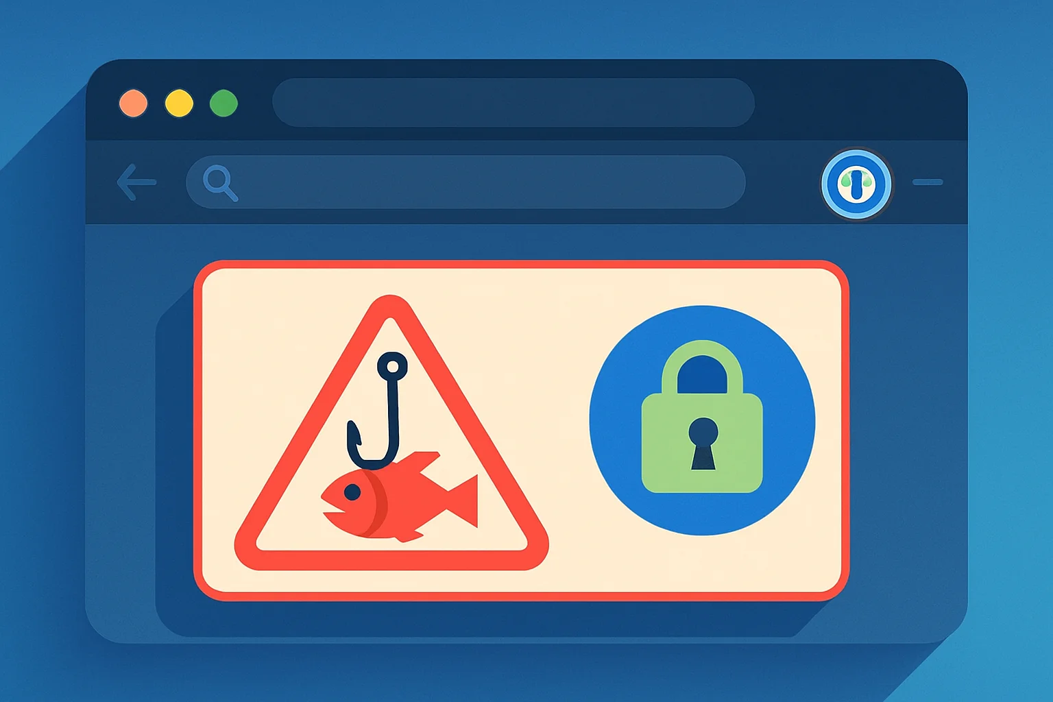 Интерфейс расширения 1Password в браузере с предупреждением о потенциальной фишинговой атаке и иконкой безопасности.