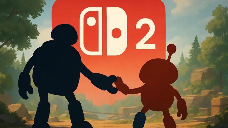 Два робота из игры Biped 2 на фоне логотипа Nintendo Switch 2, демонстрирующие кооператив