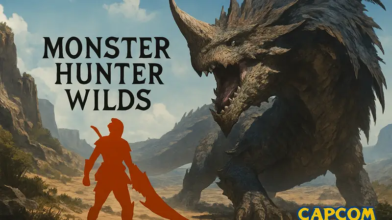 Обложка Monster Hunter Wilds с монстром и охотником, логотип Capcom.