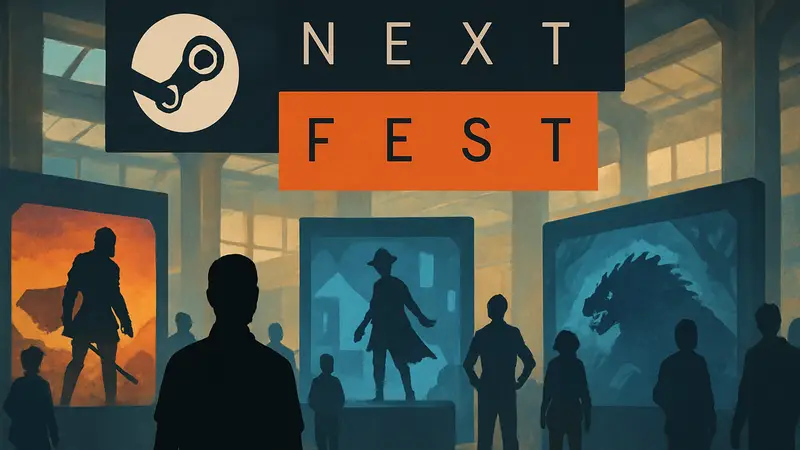 Логотип Steam Next Fest с демонстрационными играми, доступными бесплатно