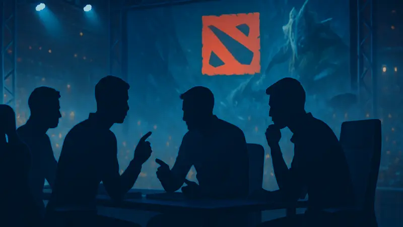 Профессиональные игроки в Dota 2 на киберспортивном турнире обсуждают стратегию.