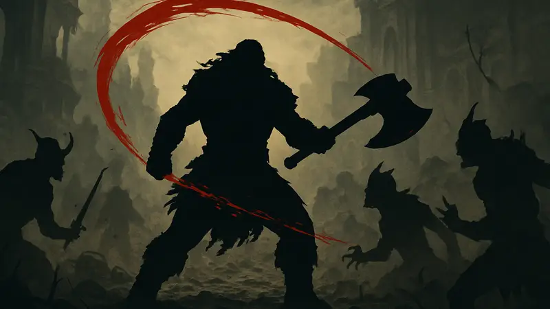Могучий Варвар из Diablo 4, окруженный врагами, используя способность Rend, которая вызывает кровотечение