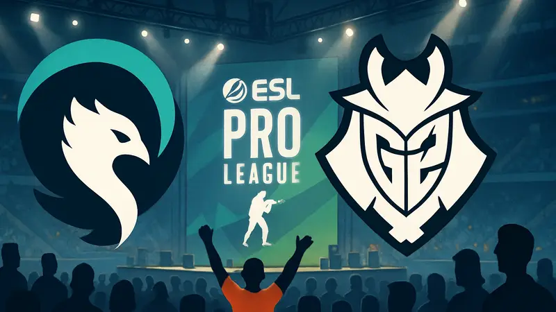 Логотипы киберспортивных команд Aurora и G2 на фоне турнира ESL Pro League по CS2