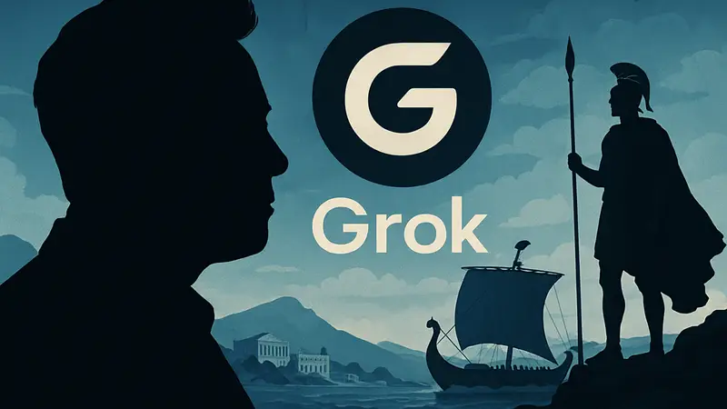 Илон Маск на фоне логотипа Grok AI и изображения «Одиссеи»