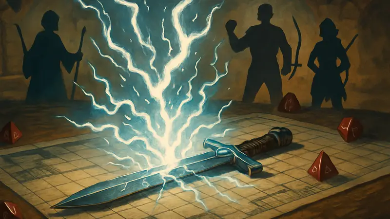 Оружие, окружённое вспышками Дикой Магии, на фоне игрового поля Dungeons & Dragons.