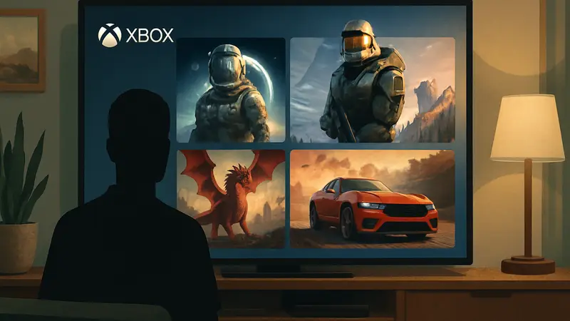 Новый интерфейс Xbox с обложками игр в стиле постеров на главном экране.