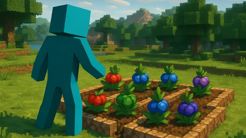 Игрок Cobblemon у грядок с ягодами, окруженными мульчей, на фоне мира Minecraft