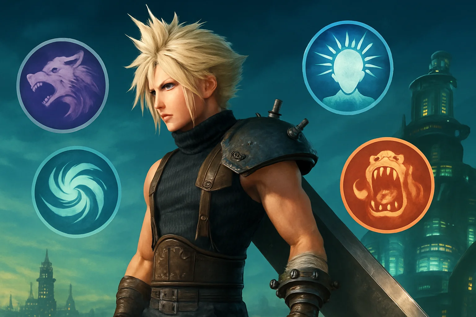Обложка игры Final Fantasy 7 Remake с изображением Клауда Страйфа и символами Умений врагов.