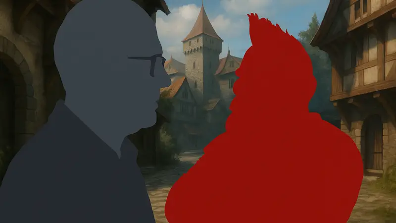 Портрет актёра озвучания Александра Мортона и персонаж Золтан из The Witcher 3.