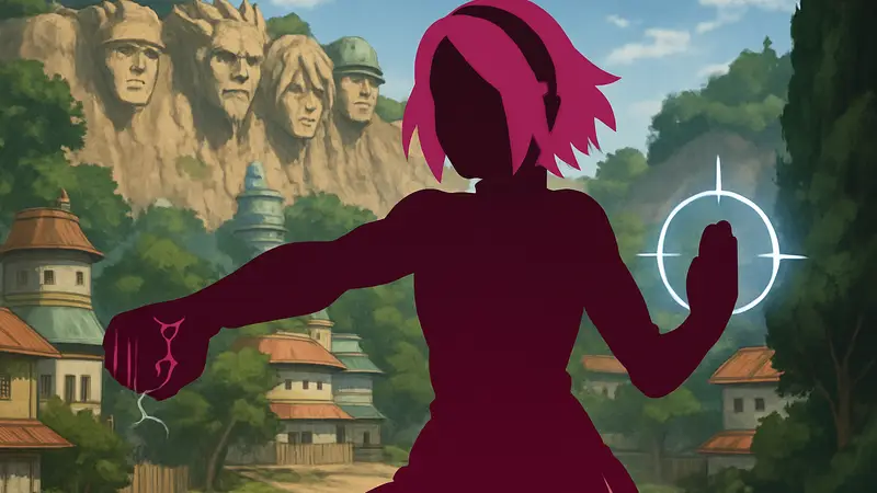 Сакура Харуно из аниме Наруто демонстрирует свои усиленные ниндзя-способности и медицинские техники.