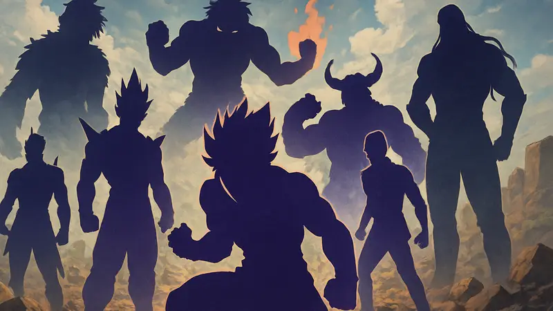 Коллаж из семи сильных бунтарей и «плохих парней» сёнэн-аниме, демонстрирующих свою мощь.