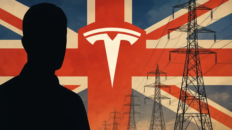 Логотип Tesla на фоне британского флага и линий электропередач