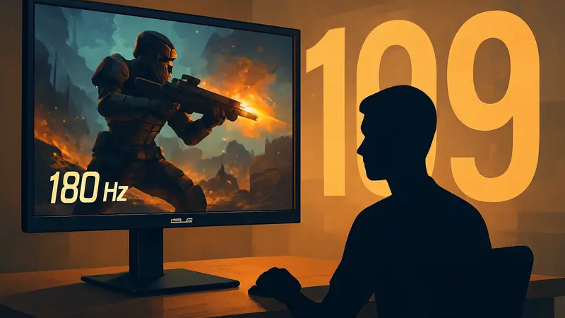 Игровой монитор Asus с отображением игровой графики, демонстрирующий частоту 180 Гц, на фоне цены $109.