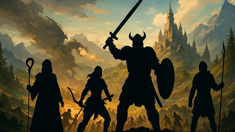 Группа героев из фэнтезийной партийной RPG в эпическом бою или на фоне мира