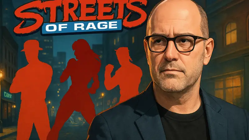 Сценарист Дерек Колстад и логотип фильма Streets of Rage на фоне персонажей игры.