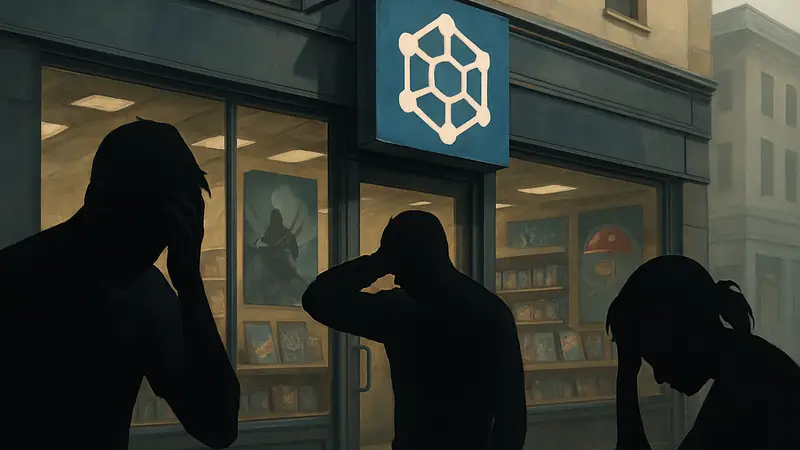 Игровой магазин с логотипом блокчейна и расстроенные геймеры